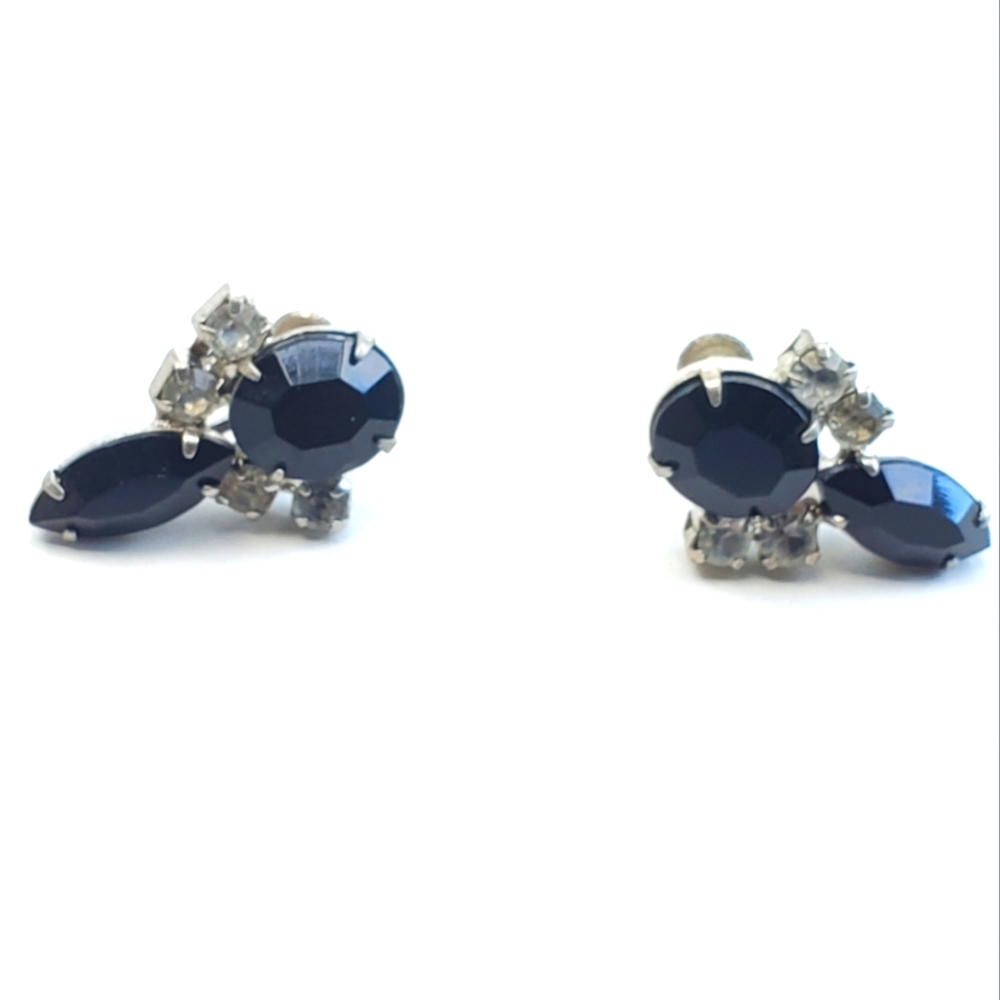 Vintage Black Clear Rhinestone Clip Earrings